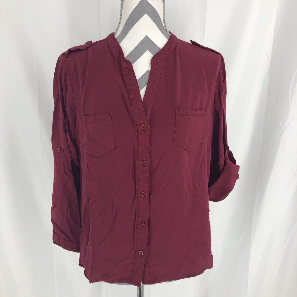 Zenobia Wine Purple Button Up Rolltab Sleeve Blouse Epaulet Shirt XXL